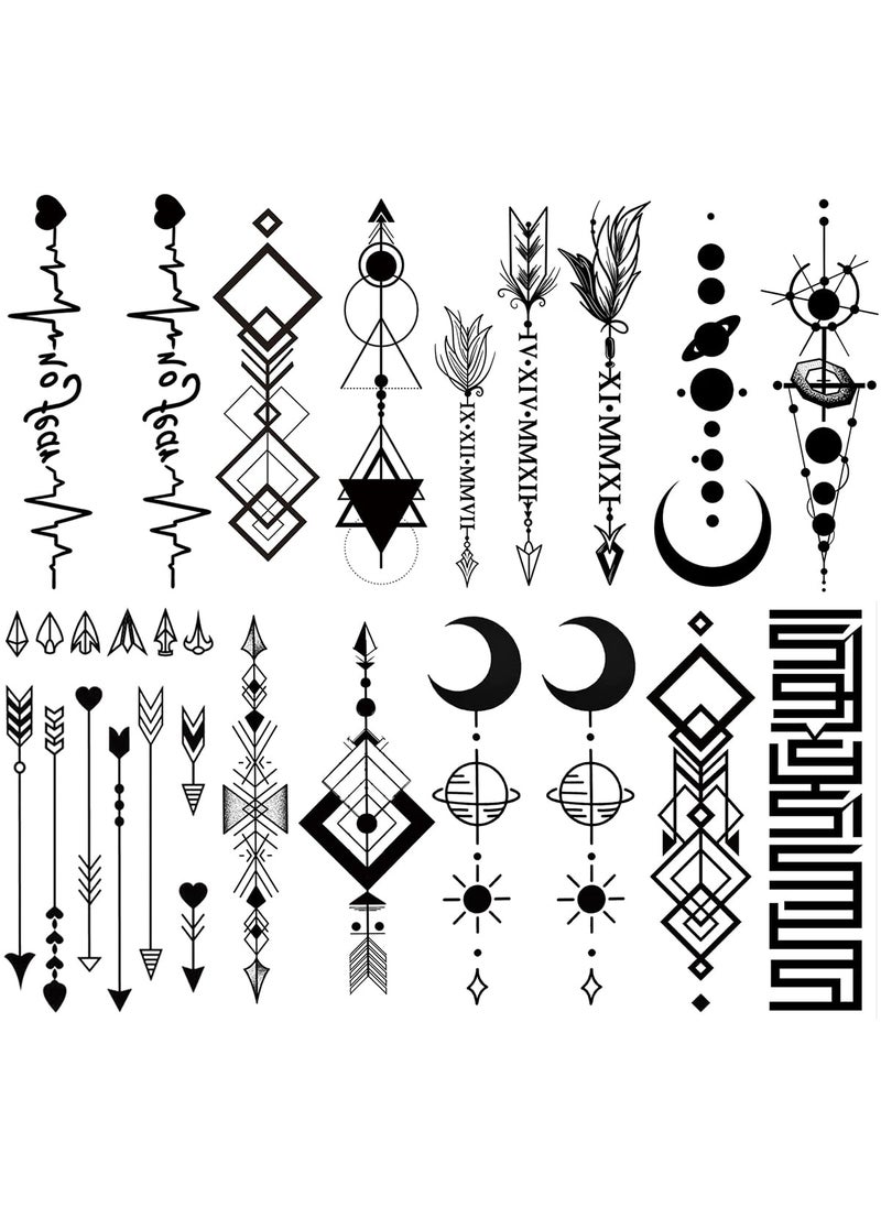 Oottati 8 Sheets Arm Temporary Tattoos Arrow Heartbeat Moon Sun Square Triangle Totem Symbol 
