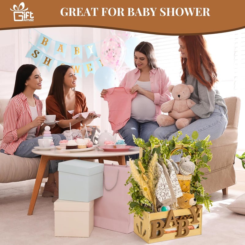 GiftAmaz Wooden Baby Shower Crate Closet, Baby Storage Crate with Handle, Basket for Baby Shower Gifts, Welcome Gift Basket for Newborn Boys Girls, Pregnancy Gifts for New Parents - Image 2