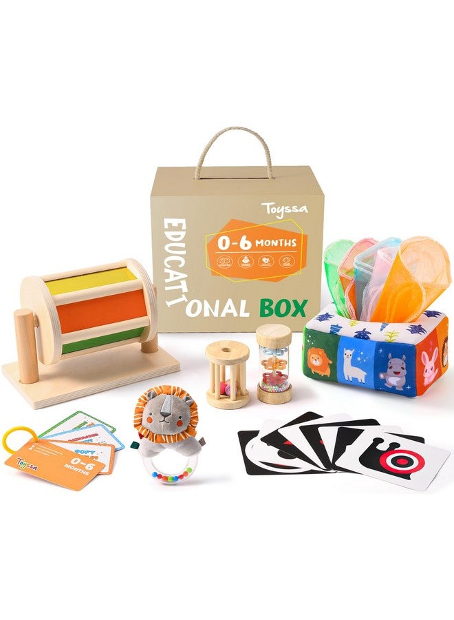 Toyssa Montessori Toys For Babies 0-6 Months, 6 In 1 Wooden Learning Educational Sensory Toys With Spinning Drum & Tissue Toys & Baby Rattle & Flash Card, Birthday Gifts For Babies Boys Girls - Image 1