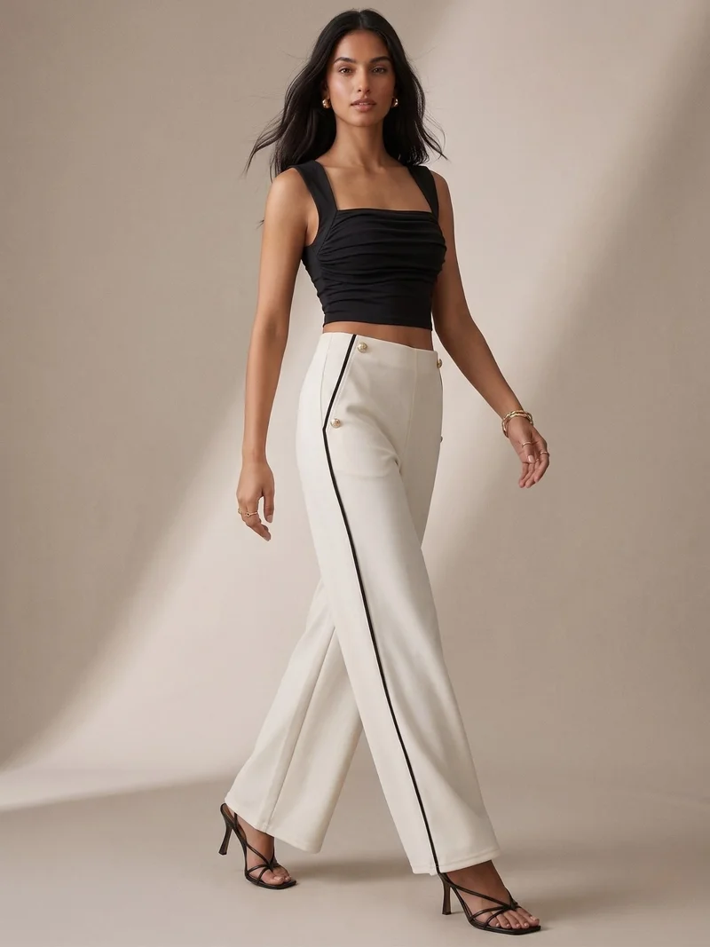 Outzidr  White Contrast Trim Wide Leg Trousers for Women | Best Price UAE