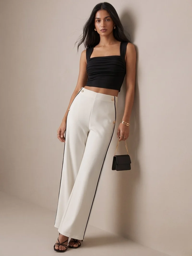 Outzidr  White Contrast Trim Wide Leg Trousers for Women | Best Price UAE