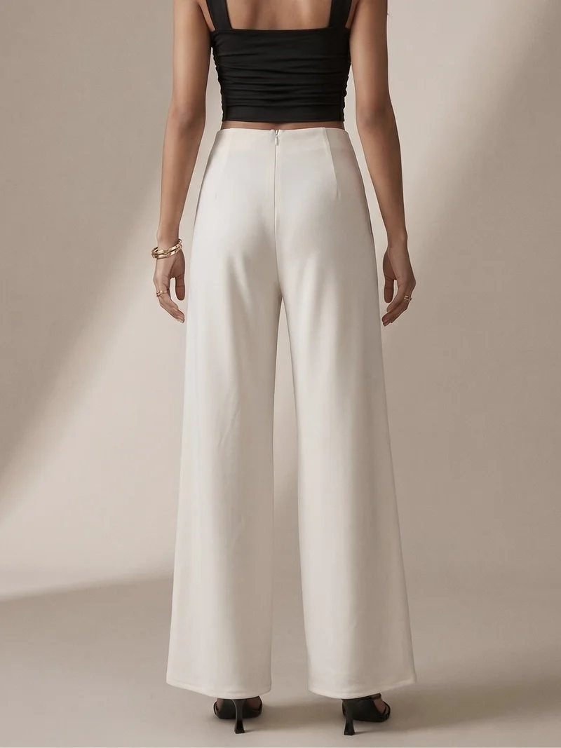 Outzidr  White Contrast Trim Wide Leg Trousers for Women | Best Price UAE