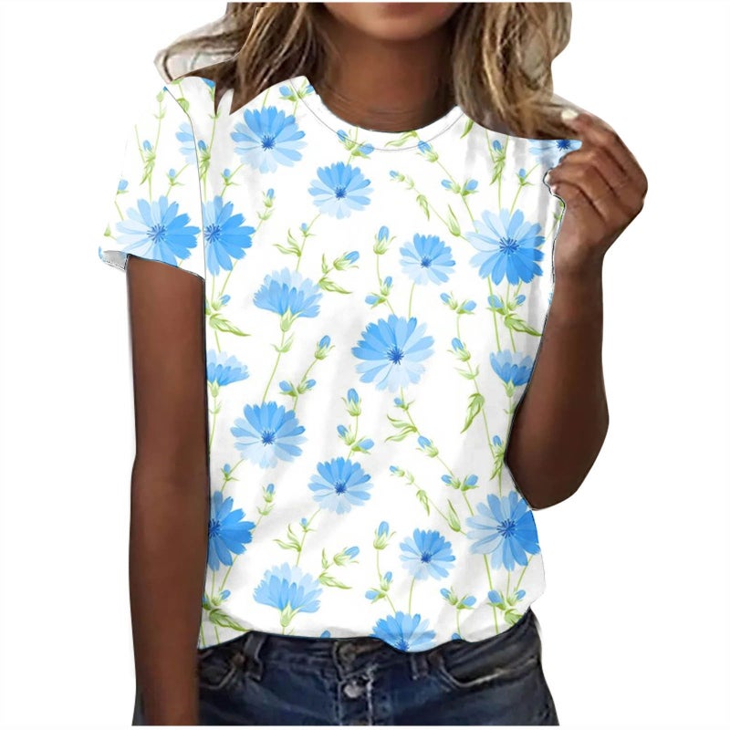 2024Temu Explosions Women'S Crewneck T-Shirt Trend Digital Printing Short Sleeve Factory - Image 4