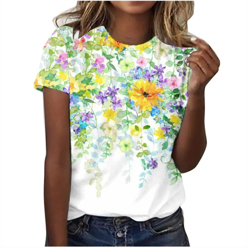 2024Temu Explosions Women'S Crewneck T-Shirt Trend Digital Printing Short Sleeve Factory - Image 5