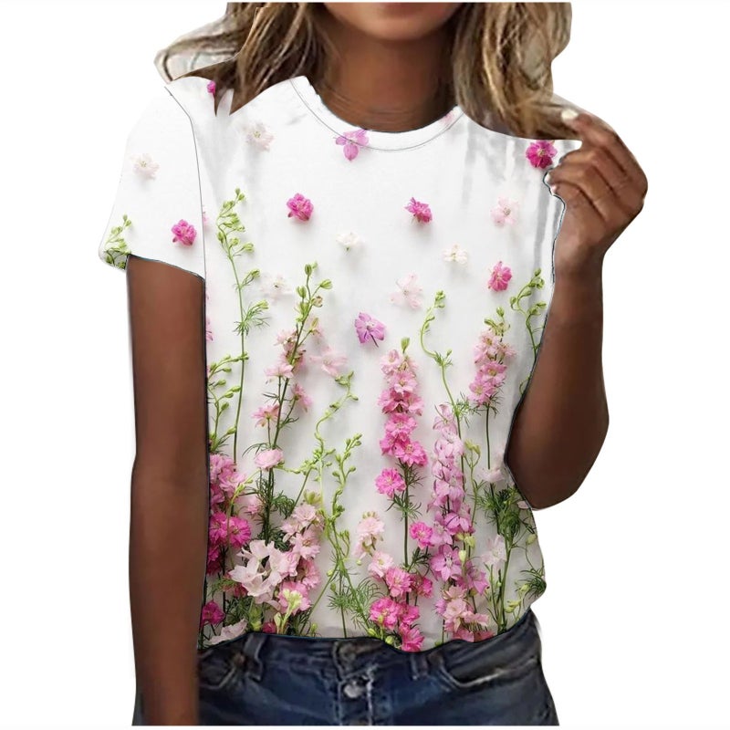 2024Temu Explosions Women'S Crewneck T-Shirt Trend Digital Printing Short Sleeve Factory - Image 1