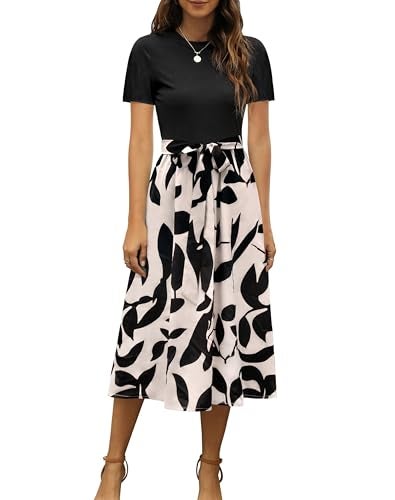 Zattcas Women 2025 Summer Dresses Short Sleeve Ribbed Teacher Church Modest Business Casual Work Outfits Midi Dress with Pockets Blackapricot XL - Image 1