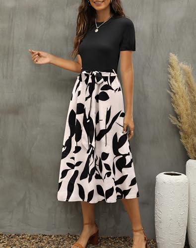 Zattcas Women 2025 Summer Dresses Short Sleeve Ribbed Teacher Church Modest Business Casual Work Outfits Midi Dress with Pockets Blackapricot XL - Image 4