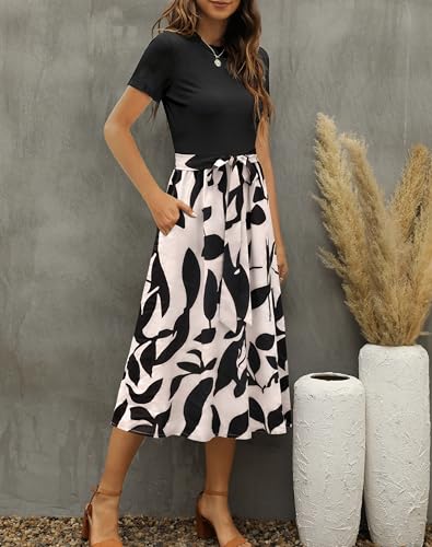 Zattcas Women 2025 Summer Dresses Short Sleeve Ribbed Teacher Church Modest Business Casual Work Outfits Midi Dress with Pockets Blackapricot XL - Image 2