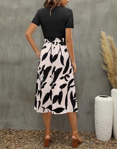 Zattcas Women 2025 Summer Dresses Short Sleeve Ribbed Teacher Church Modest Business Casual Work Outfits Midi Dress with Pockets Blackapricot XL - Image 3