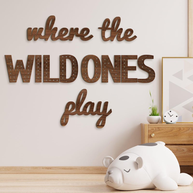 Beeveer Where the Wild Ones Play Nursery Sign Wooden Playroom Wall Decor Playroom Decoration Word Play Room Sign for Wall Plaques 11 Pcs23 InchBrown - Image 2