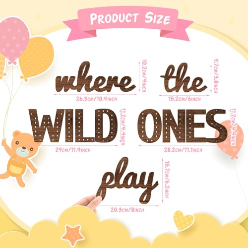 Beeveer Where the Wild Ones Play Nursery Sign Wooden Playroom Wall Decor Playroom Decoration Word Play Room Sign for Wall Plaques 11 Pcs23 InchBrown - Image 3