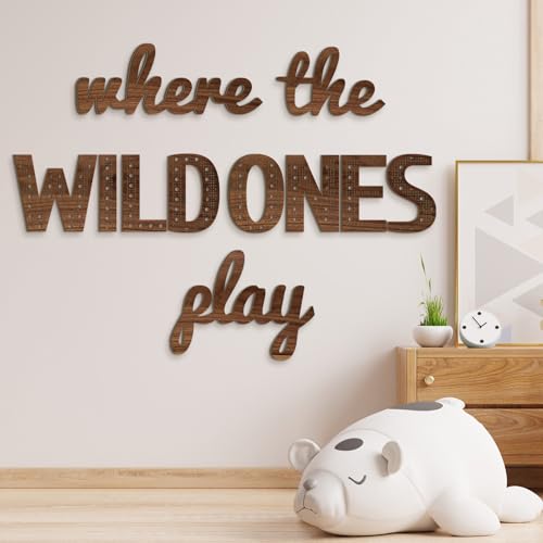 Beeveer Where the Wild Ones Play Nursery Sign Wooden Playroom Wall Decor Playroom Decoration Word Play Room Sign for Wall Plaques 11 Pcs23 InchBrown - Image 1
