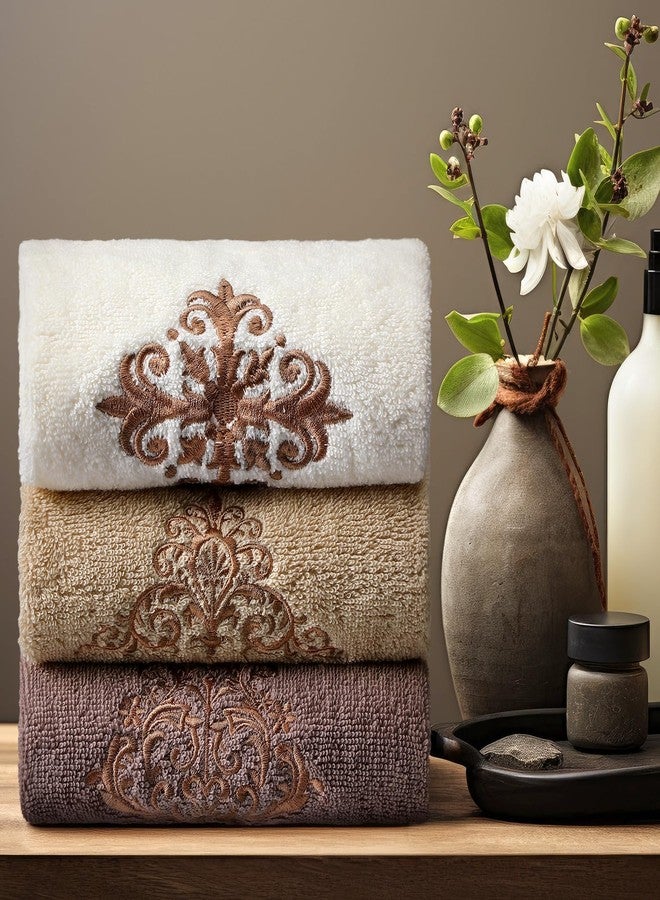 FuWeave مجموعة فوويف من 3 مناشف يد دمشقية عتيقة، مناشف حمام مزخرفة، لون بني فاخر، مقاس 13.3 × 29.5 بوصة، مطرزة، مصنوعة من القطن 100%، مناشف ناعمة ماصة، مثالية لتزيين الحمام والمطبخ - Image 5