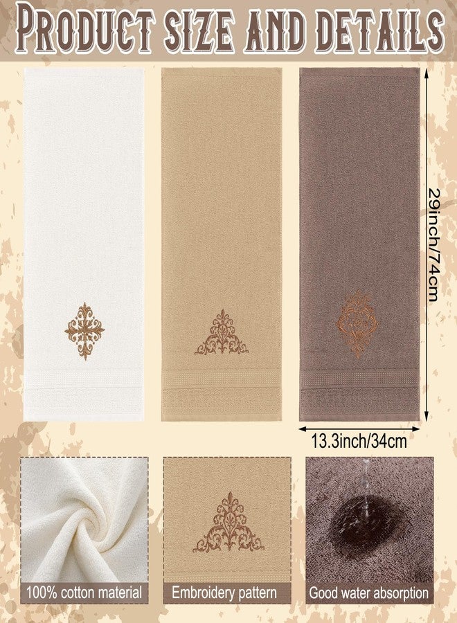 FuWeave مجموعة فوويف من 3 مناشف يد دمشقية عتيقة، مناشف حمام مزخرفة، لون بني فاخر، مقاس 13.3 × 29.5 بوصة، مطرزة، مصنوعة من القطن 100%، مناشف ناعمة ماصة، مثالية لتزيين الحمام والمطبخ - Image 2