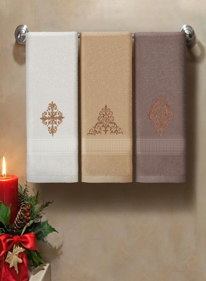 FuWeave مجموعة فوويف من 3 مناشف يد دمشقية عتيقة، مناشف حمام مزخرفة، لون بني فاخر، مقاس 13.3 × 29.5 بوصة، مطرزة، مصنوعة من القطن 100%، مناشف ناعمة ماصة، مثالية لتزيين الحمام والمطبخ - Image 3