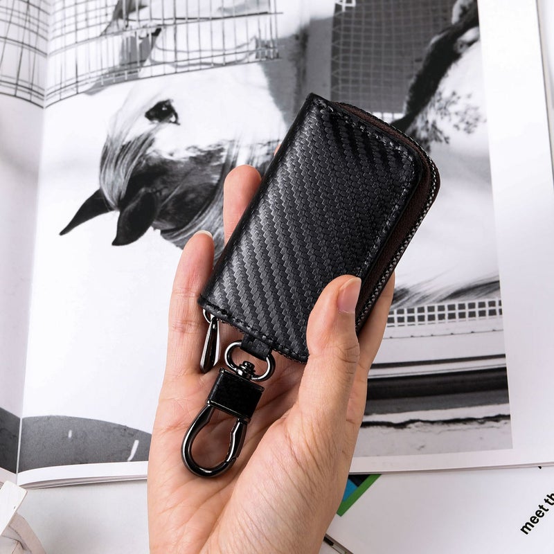 Car keybag, carbon fiber car keychain zipper tool, black storage, black - Image 5