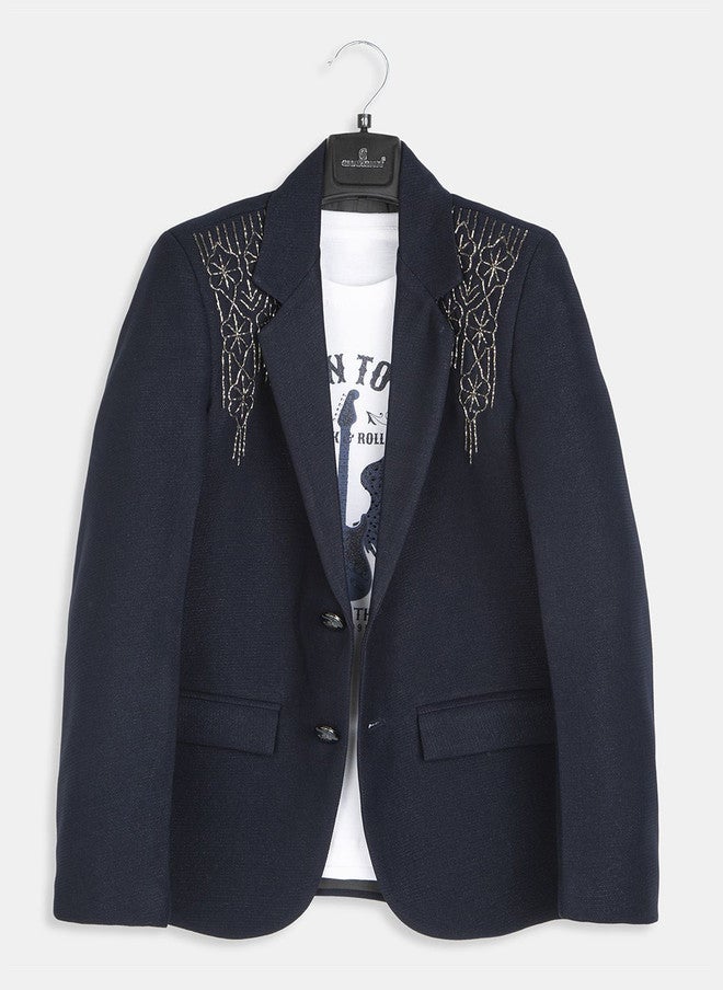 CHARCHIT Boys Embroidered Notched Lapel Neck Single-Breasted Casual Blazer With T-Shirt - Image 1