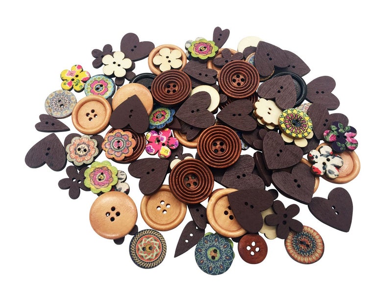 T-shin Wooden Buttons,Mixed Pattern Flower Button,Decorative Button,Round 2 Holes 4 Holes for Sewing Crafting 15-25MM 50 Pack(Multicolored-Mix) - Image 1
