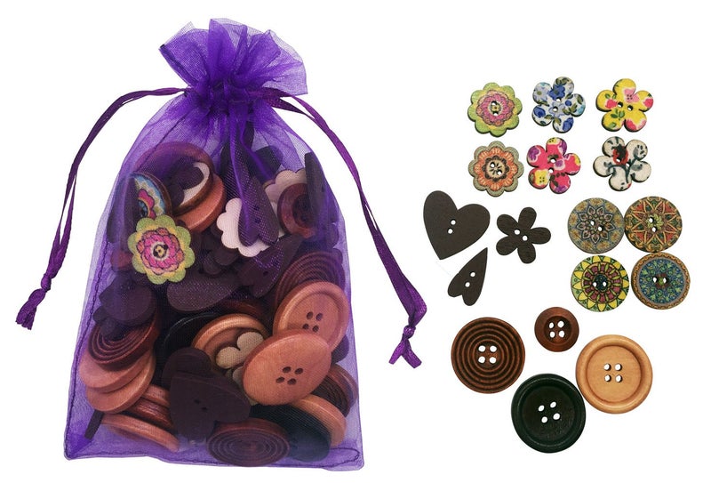 T-shin Wooden Buttons,Mixed Pattern Flower Button,Decorative Button,Round 2 Holes 4 Holes for Sewing Crafting 15-25MM 50 Pack(Multicolored-Mix) - Image 2