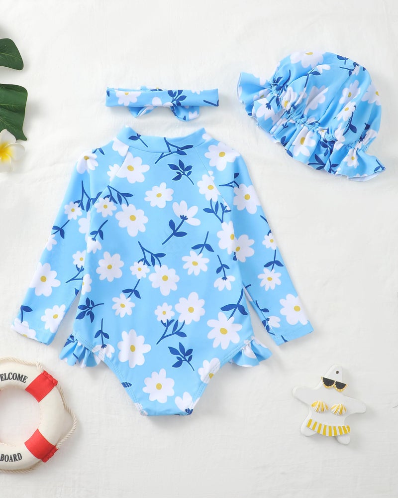 Yhnslsf Toddler Bathing Suit Girl 18-24 Month Toddler Swimsuit Girl Summer Long Sleeve Blue Daisy Ruffle One-Piece Zipper Rash Guard Swim Suit with Sun Hat 2T Girls Swimsuit Beach Essentials Swimwear - Image 3