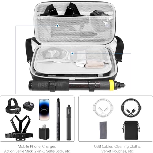 AMAZEAR Carrying Case for Insta360 X5 X4 Air Accessories, Portable Insta 360 X5 Action Camera Waterproof Travel Bag with Shoulder Strap, Compatible with Insta360 X4 Air, 3M 9.8ft Selfie Stick, Black - Image 3