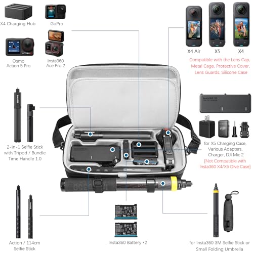 AMAZEAR Carrying Case for Insta360 X5 X4 Air Accessories, Portable Insta 360 X5 Action Camera Waterproof Travel Bag with Shoulder Strap, Compatible with Insta360 X4 Air, 3M 9.8ft Selfie Stick, Black - Image 2