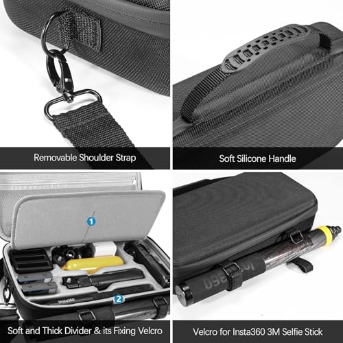 AMAZEAR Carrying Case for Insta360 X5 X4 Air Accessories, Portable Insta 360 X5 Action Camera Waterproof Travel Bag with Shoulder Strap, Compatible with Insta360 X4 Air, 3M 9.8ft Selfie Stick, Black - Image 4