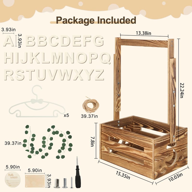 Taeyonk Wooden Baby Shower Crate Closet Baby Shower Basket With 33.5"" High Hanger Rack And Swing Diy Baby Welcome Box With Handle Easy Assembly Storage Crate For Pregnancy New Parent(Brown) - Image 4