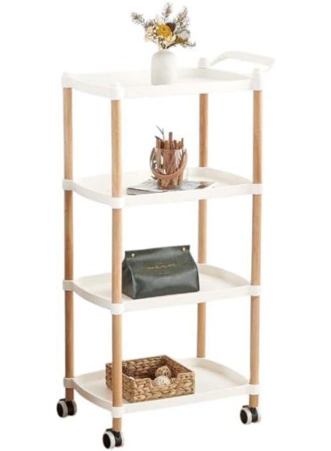 Spaceshoop Plastic Utility Cart, with Handle And Wheels Wooden Legs Storage Table Bedroom Hotel Restaurant Cafe Dining Cart for storage of items in the beauty salon (white, 4 Tier)  - Image 1