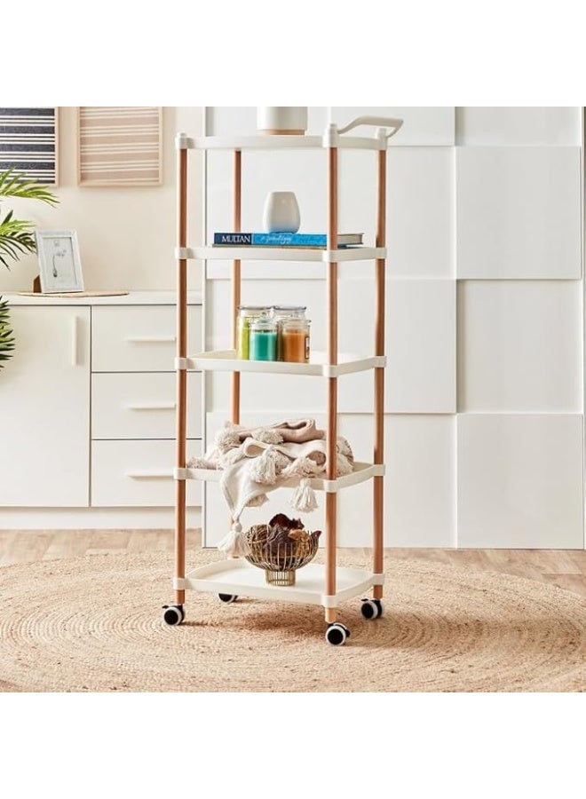 Spaceshoop Plastic Utility Cart, with Handle And Wheels Wooden Legs Storage Table Bedroom Hotel Restaurant Cafe Dining Cart for storage of items in the beauty salon (white, 4 Tier)  - Image 3