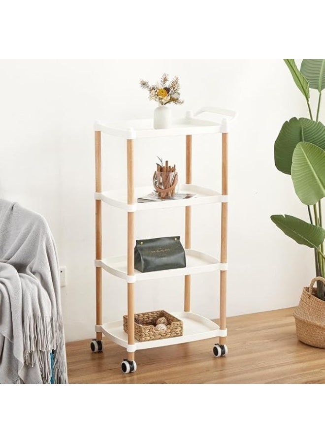 Spaceshoop Plastic Utility Cart, with Handle And Wheels Wooden Legs Storage Table Bedroom Hotel Restaurant Cafe Dining Cart for storage of items in the beauty salon (white, 4 Tier)  - Image 2