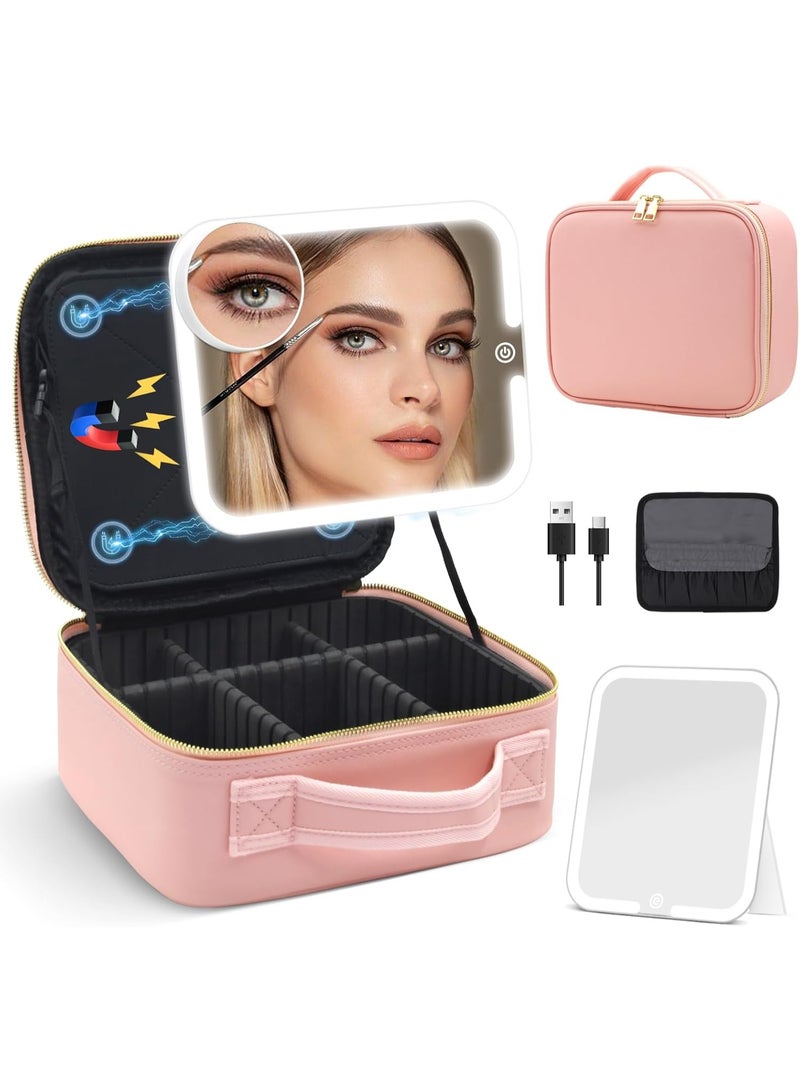 Large Makeup Travel Case with LED Mirror – Cosmetic Organizer with 3 Brightness Settings, Adjustable Dividers, Waterproof Storage for Brushes, Makeup & Jewelry-25X25Cm - Image 1