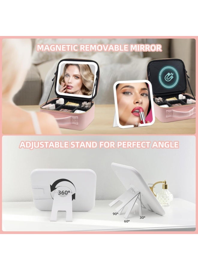Large Makeup Travel Case with LED Mirror – Cosmetic Organizer with 3 Brightness Settings, Adjustable Dividers, Waterproof Storage for Brushes, Makeup & Jewelry-25X25Cm - Image 3