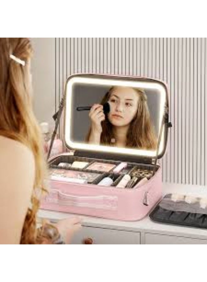 Large Makeup Travel Case with LED Mirror – Cosmetic Organizer with 3 Brightness Settings, Adjustable Dividers, Waterproof Storage for Brushes, Makeup & Jewelry-25X25Cm - Image 4