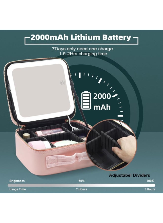 Large Makeup Travel Case with LED Mirror – Cosmetic Organizer with 3 Brightness Settings, Adjustable Dividers, Waterproof Storage for Brushes, Makeup & Jewelry-25X25Cm - Image 2