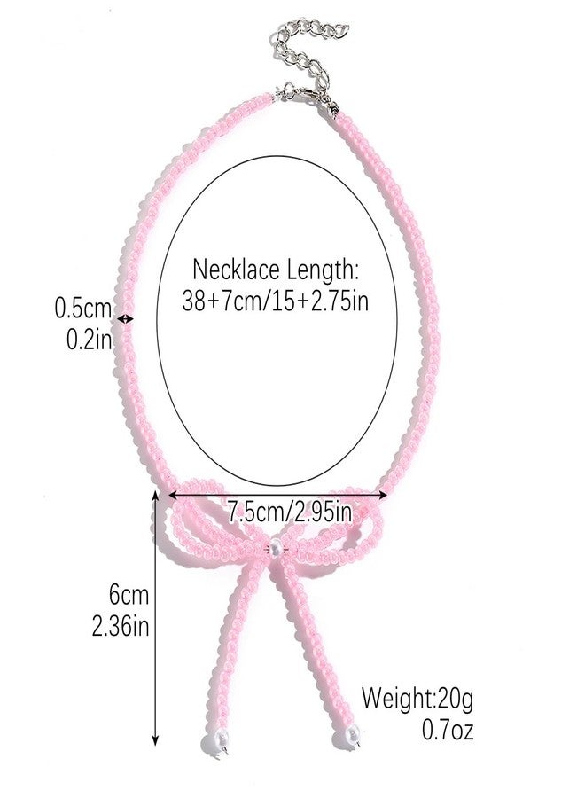 Hremhoo Cute Pearl Bow Necklace for Women Dainty Bowknot Crystal Beaded Choker Necklace Boho Bow Charm Statement Necklace Western Jewelry (Pink Crystal Beaded) - Image 5