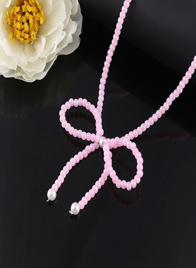 Hremhoo Cute Pearl Bow Necklace for Women Dainty Bowknot Crystal Beaded Choker Necklace Boho Bow Charm Statement Necklace Western Jewelry (Pink Crystal Beaded) - Image 2
