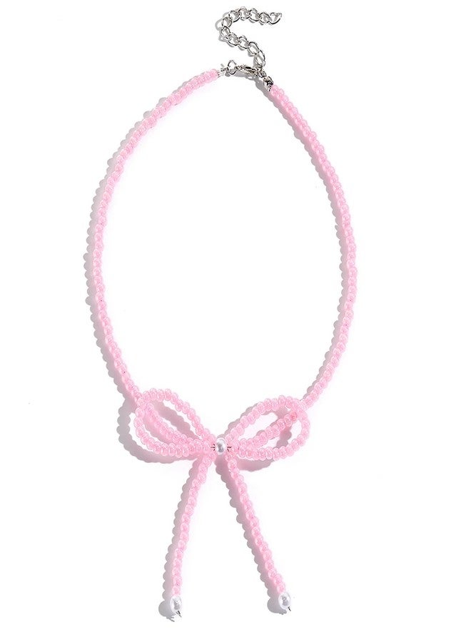 Hremhoo Cute Pearl Bow Necklace for Women Dainty Bowknot Crystal Beaded Choker Necklace Boho Bow Charm Statement Necklace Western Jewelry (Pink Crystal Beaded) - Image 1