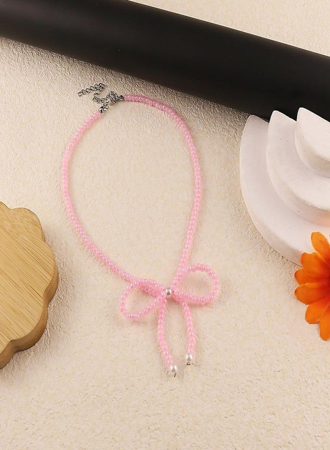 Hremhoo Cute Pearl Bow Necklace for Women Dainty Bowknot Crystal Beaded Choker Necklace Boho Bow Charm Statement Necklace Western Jewelry (Pink Crystal Beaded) - Image 3
