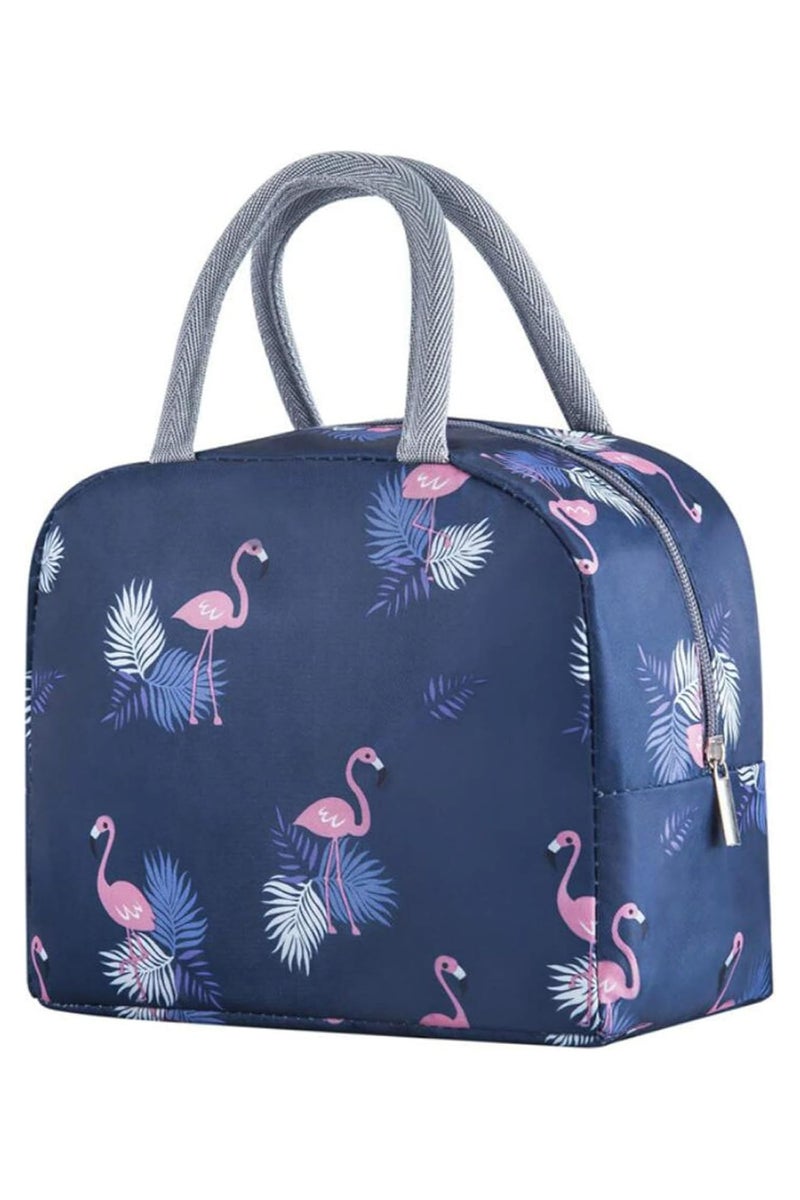 حقيبة غداء زرقاء داكنة بتصميم طائر الفلامنغو قابلة لإعادة الاستخدام معزولة ومقاومة للماء للأطفال أو البالغين، مثالية لصناديق الغداء وصناديق تيفين والنزهات والعمل أو المدرسة