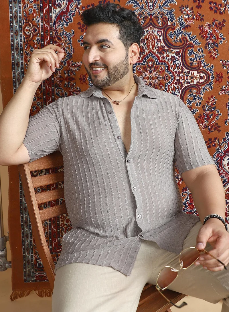 Instafab Plus Instafab Plus Men's Moon Grey Cross-Stitch Stripe Knit Shirt For Casual Wear | Spread Collar | Short Regular Sleeves | Button Closure | Plus Size Shirt Crafted With Comfort Fit For Everyday Wear