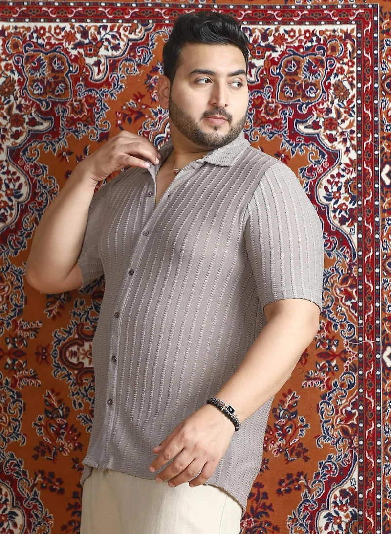 Instafab Plus  Instafab Plus Men's Moon Grey Cross-Stitch Stripe Knit Shirt For Casual Wear | Spread Collar | Short Regular Sleeves | Button Closure | Plus Size Shirt Crafted With Comfort Fit For Everyday Wear for Men | Best Price UAE