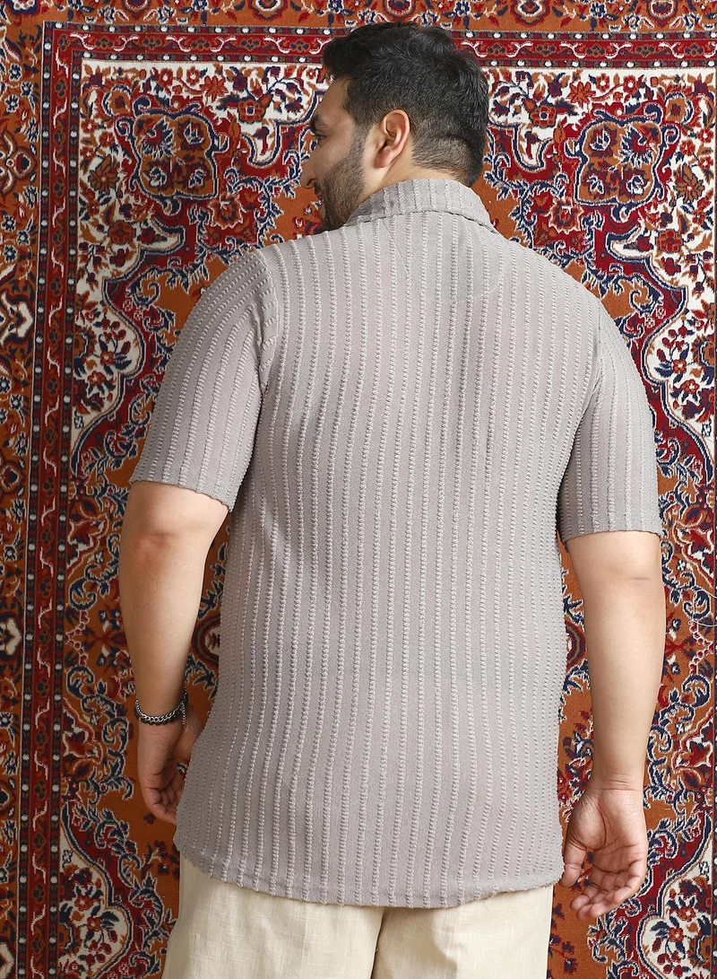 Instafab Plus  Instafab Plus Men's Moon Grey Cross-Stitch Stripe Knit Shirt For Casual Wear | Spread Collar | Short Regular Sleeves | Button Closure | Plus Size Shirt Crafted With Comfort Fit For Everyday Wear for Men | Best Price UAE