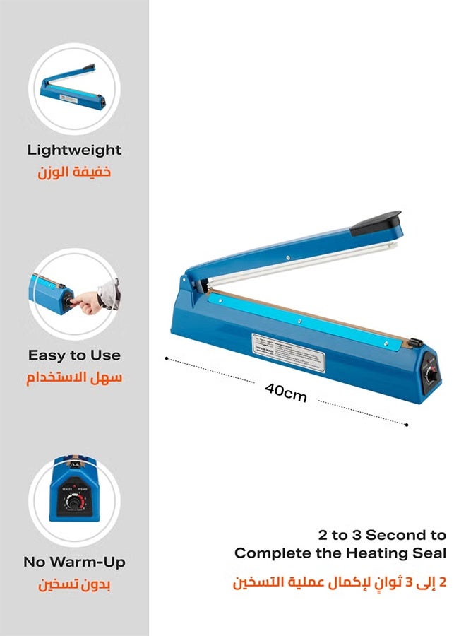 تايمي آلة غلق الأكياس الكهربائية بنبضات مع قابس BS - 400 مم، 400 وات - آلة غلق أكياس يدوية مع 8 مستويات حرارة قابلة للتعديل للتسخين السريع - مثالية للأكياس البلاستيكية المصنوعة من البولي بروبيلين والبولي إيثيلين والأكياس وتغليف المواد الغذائية واستخدام الشركات الصغيرة - Image 2