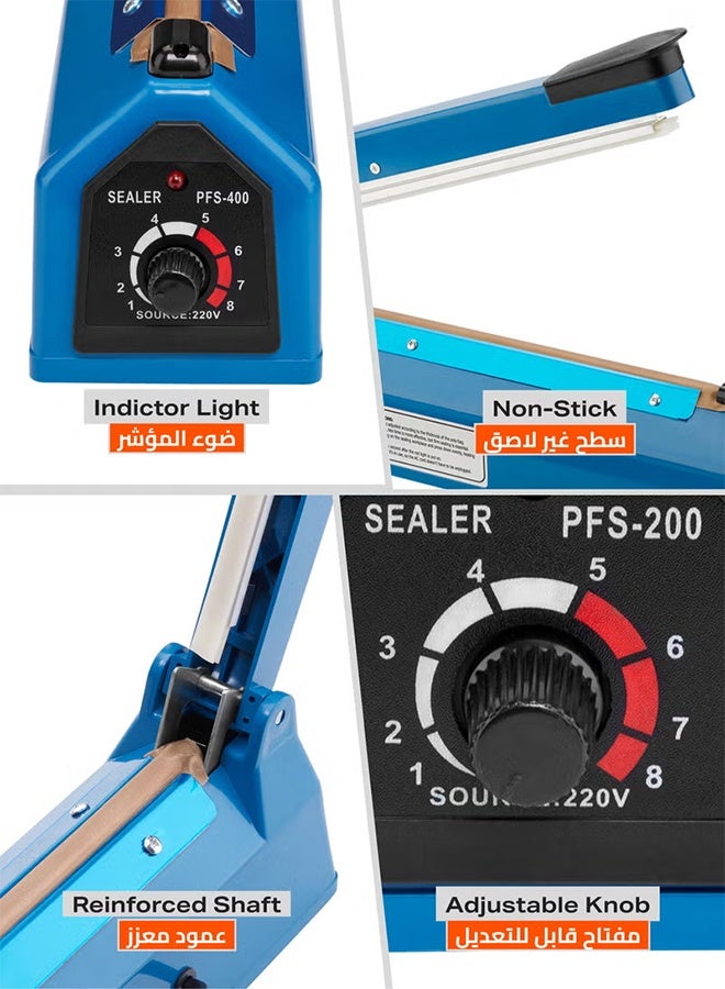 تايمي آلة غلق الأكياس الكهربائية بنبضات مع قابس BS - 400 مم، 400 وات - آلة غلق أكياس يدوية مع 8 مستويات حرارة قابلة للتعديل للتسخين السريع - مثالية للأكياس البلاستيكية المصنوعة من البولي بروبيلين والبولي إيثيلين والأكياس وتغليف المواد الغذائية واستخدام الشركات الصغيرة - Image 3