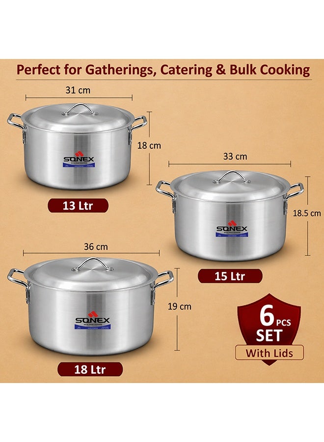 SONEX Classic Aluminium Cooking Pot Set with Lids, 6 PCS (13L, 15L, 18L), Large Deep Stock Pots, Heavy Duty, Even Heat Distribution, Stainless Steel Handles, Ideal for Bulk Cooking, Catering & Large Family Meals, Gas & Electric - Image 3
