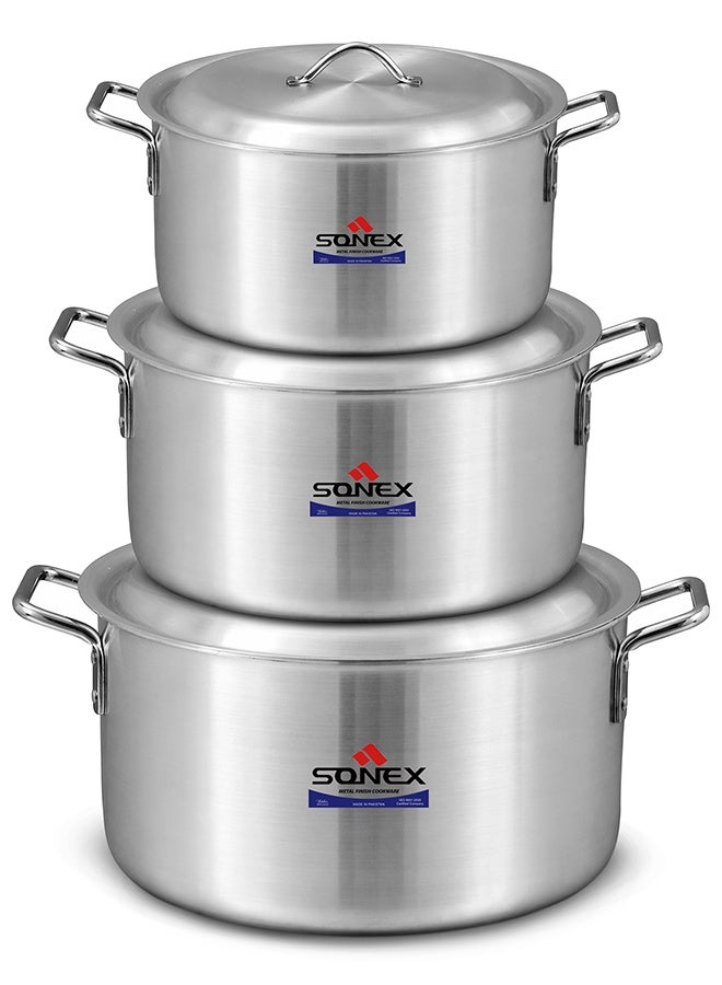 SONEX Classic Aluminium Cooking Pot Set with Lids, 6 PCS (13L, 15L, 18L), Large Deep Stock Pots, Heavy Duty, Even Heat Distribution, Stainless Steel Handles, Ideal for Bulk Cooking, Catering & Large Family Meals, Gas & Electric - Image 1
