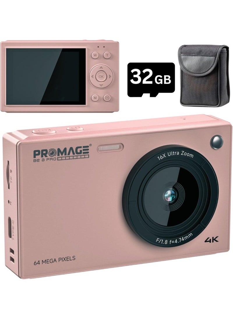 PROMAGE PROMAGE Digital Camera PC100 Pink - 44MP Full HD 1080P Vlogging Camera with 16X Zoom & Solibag Case | Compact Point and Shoot for Kids, Beginners & Travel - Image 1