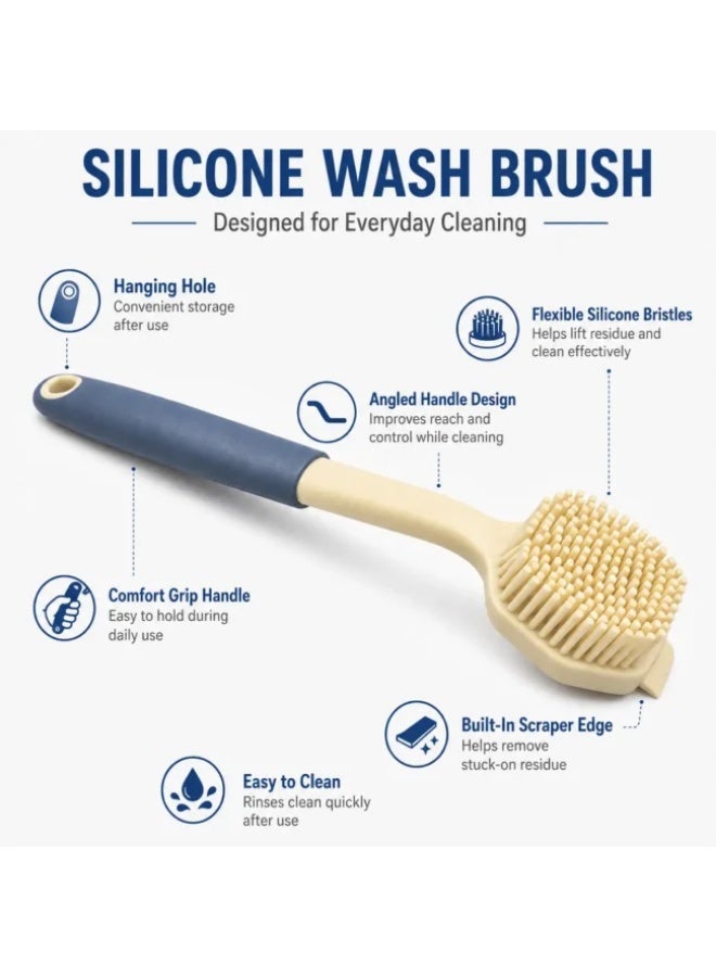 Silicone Wash Brush with Built-In Scraper, Food-Grade BPA-Free Kitchen Cleaning Brush, Flexible Silicone Bristles, Ergonomic Handle, 29 cm Blue - Image 2