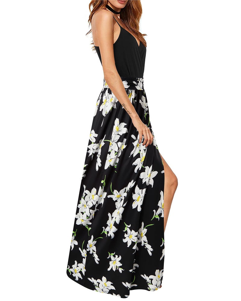 Newshows Womens' Clothing Spring Easter 2025 V Neck Spaghetti Strap Resort Wear Casual Long Flowy Beach Maxi Dress Trendy 2025 (Black Floral Lily, L) - Image 3